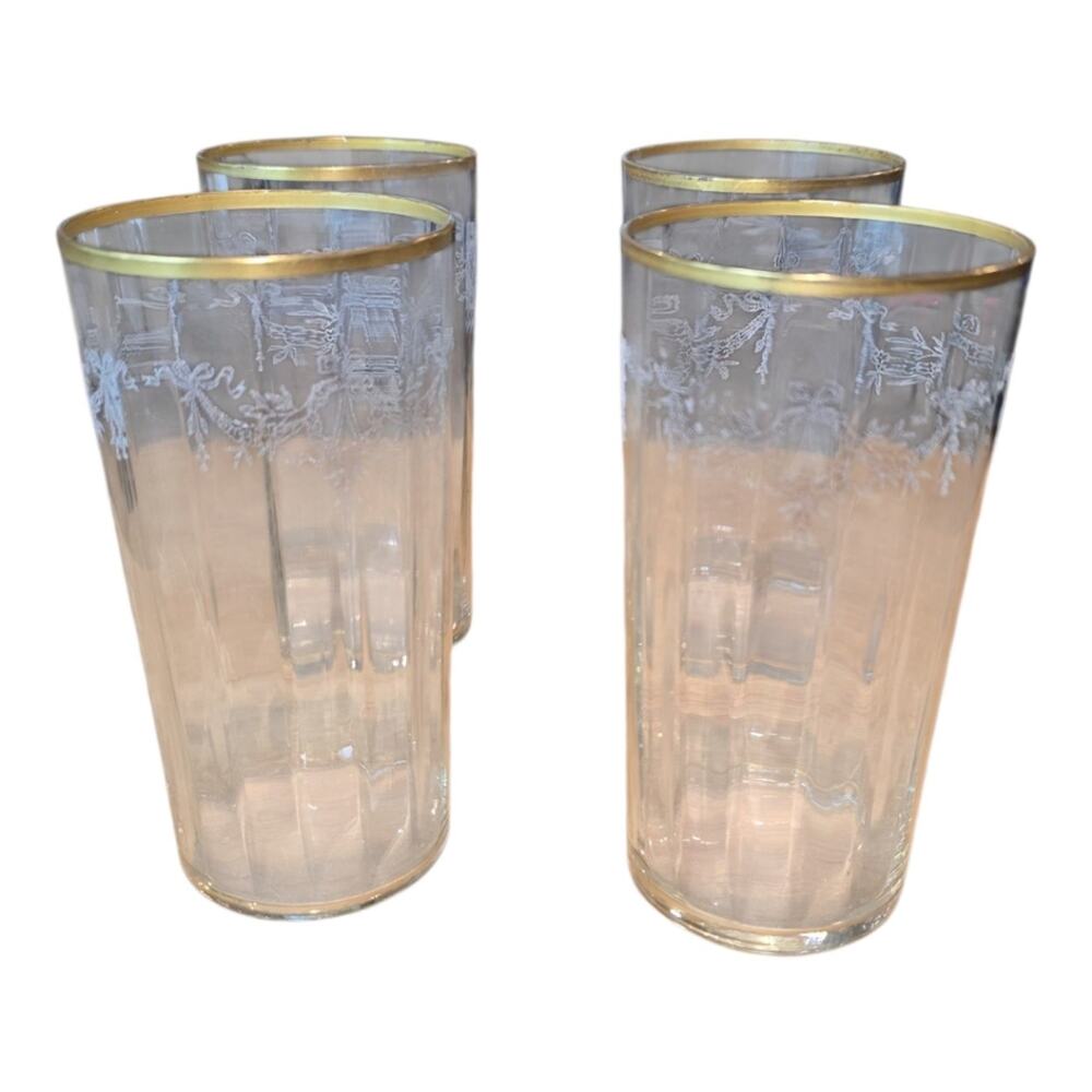 MCM VINTAGE ETCHED Elegant Gold Rimmed Glass Tumblers